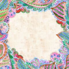 card with frame of paisley pattern against of grungy texture. watercolor painting