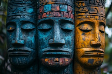 Three intricately carved wooden figures, featuring vibrant colors and distinct characteristics, embody cultural heritage in a lush garden setting during daytime Generative AI