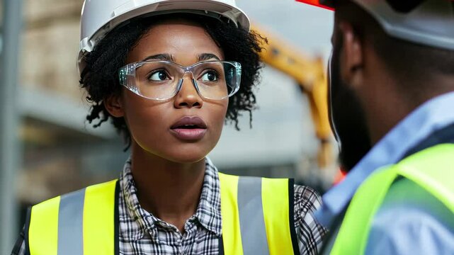 Confident female engineer discussing project details with a colleague in a construction environment, Confident female engineer or architect discussing construction issues with male colleagues