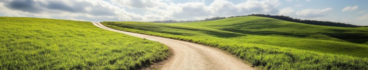 Curved dirt road through lush green hills on a sunny day