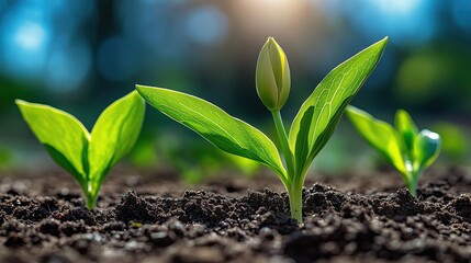 Fresh green crops sprouting from rich soil on a sunny day, showcasing nature's growth and vitality.