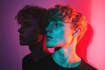 Naklejka premium A captivating portrait showcasing a young man's profile illuminated by vibrant lighting, creating a striking interplay of colors and shadow, enhancing his features beautifully.