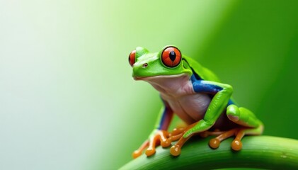 Naklejka premium Green tree frog perched on white, vibrant skin, biology, digital art