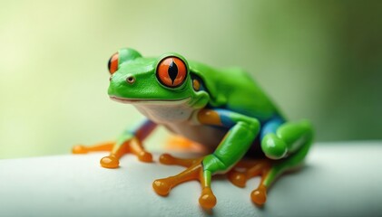 Obraz premium Green tree frog perched on white, vibrant skin, nature photography, solitary, exotic