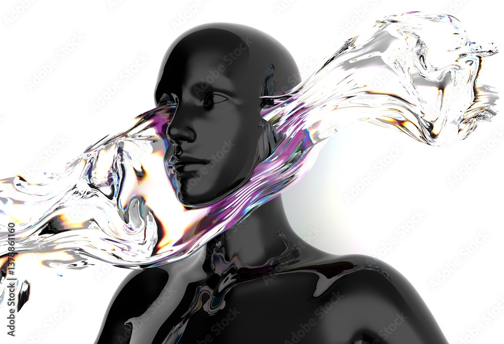 Poster Futuristic 3D rendering of a black humanoid face intertwined with iridescent, fluid-like shapes, creating a dynamic visual contrast and a sense of movement and modernity.