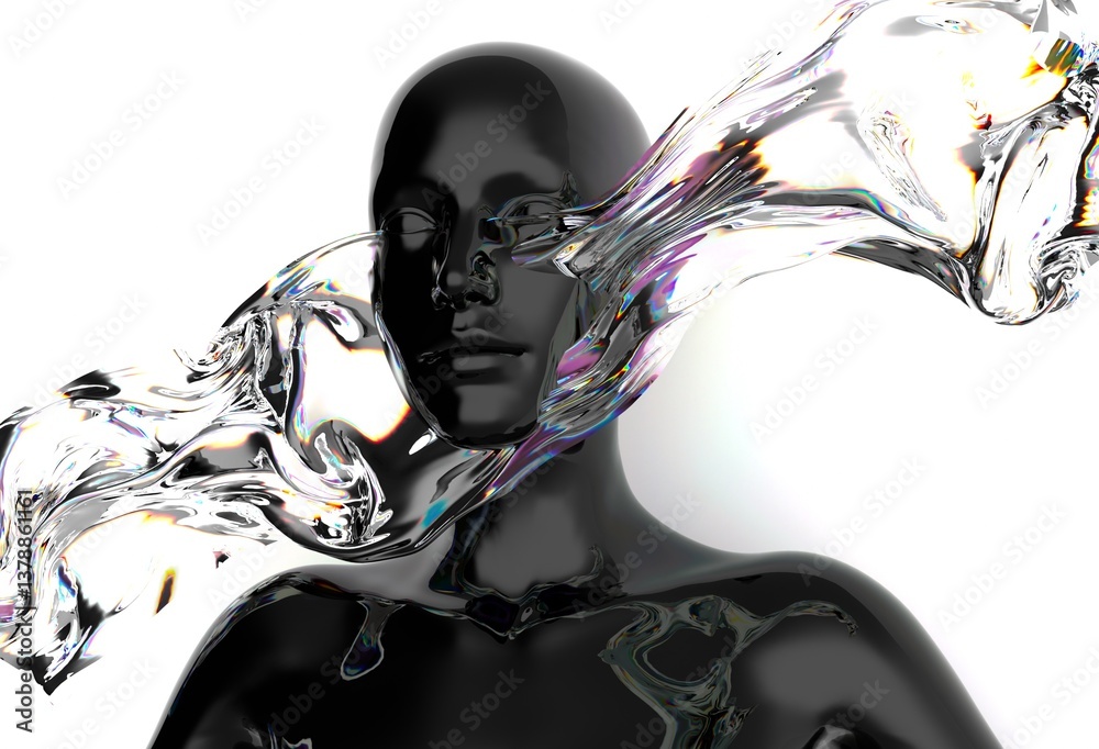 Poster Futuristic 3D rendering of a black humanoid face intertwined with iridescent, fluid-like shapes, creating a dynamic visual contrast and a sense of movement and modernity.