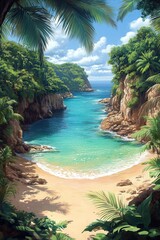 Fototapeta premium A serene tropical beach surrounded by lush greenery and rocky cliffs, with clear turquoise waters and a bright blue sky.