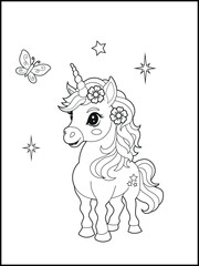 Fototapeta premium Bold and Easy Printable Unicorn Coloring Page for Kids. Cute, Hand-Drawn, Black and White Coloring Sheet with Cartoon Characters and Simple Doodles