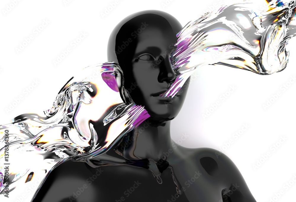 Aufkleber Futuristic 3D rendering of a humanoid face intertwined with iridescent, fluid-like shapes, creating a dynamic visual contrast and a sense of movement and modernity.
