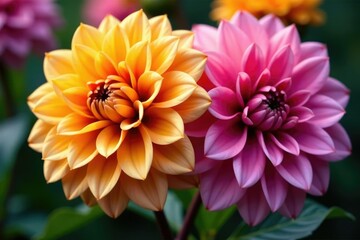 Obraz premium Intricate dahlia blooms, vibrant colors, close-up view , colorful, romantic, flower