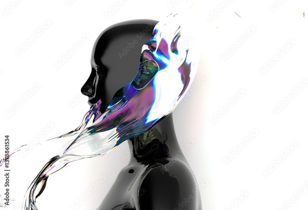Fototapete Futuristic 3D rendering of a humanoid face intertwined with iridescent, fluid-like shapes, creating a dynamic visual contrast and a sense of movement and modernity.