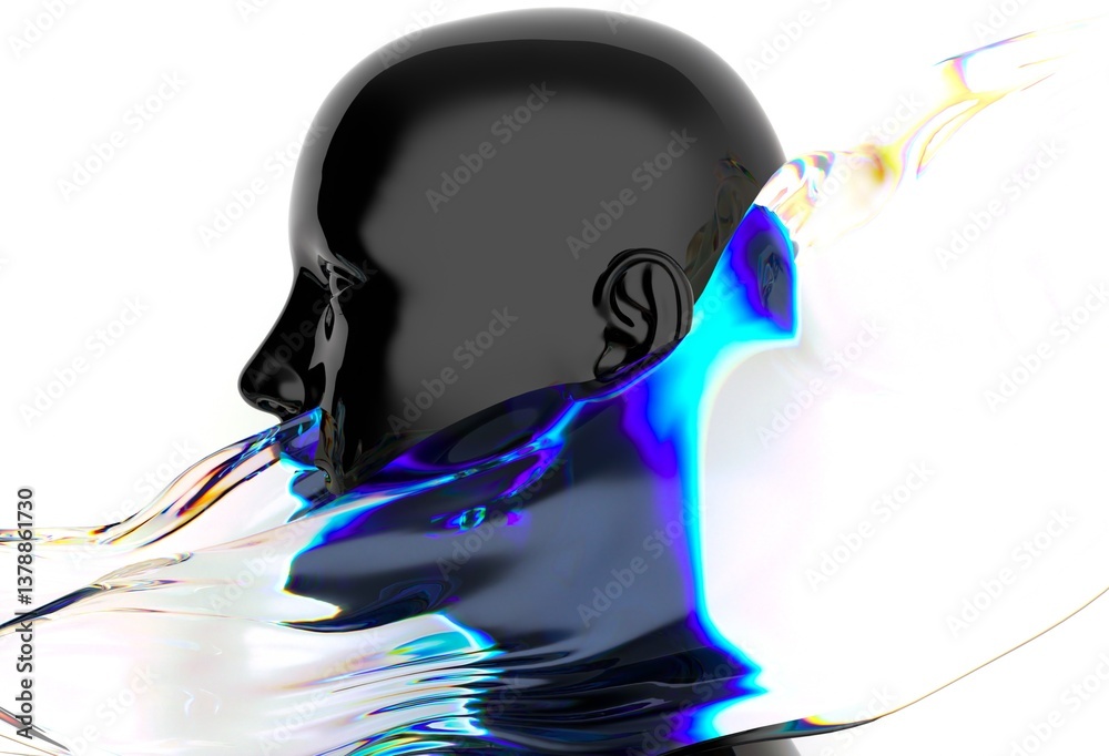 Poster Futuristic 3D rendering of a humanoid face intertwined with iridescent, fluid-like shapes, creating a dynamic visual contrast and a sense of movement and modernity.