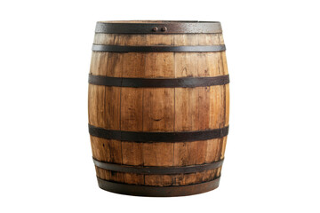 Fototapeta premium Rustic wooden barrel with black metal bands on black background, cut out