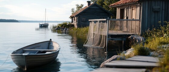 Obraz premium A serene lakeside scene with a boat tethered near wooden cabins, reflecting tranquility and simplicity in a natural setting.