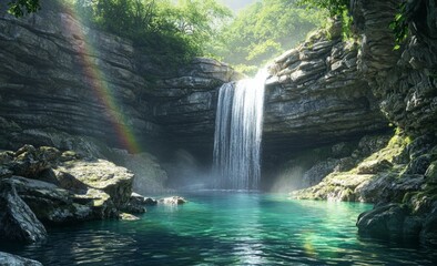 Serene waterfall flowing into pristine emerald pool with sunlit rainbows