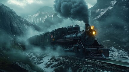 Fototapeta premium Steam locomotive travels through misty mountains during twilight hours in a picturesque landscape