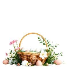 Fototapeta premium A colorful array of yellow and pink easter eggs nestled in a traditional wicker basket with a spring flower, Ai generated