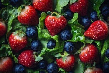 Fototapeta premium A closeup view of a vibrant salad featuring fresh strawberries and blueberries Inseason fruits like strawberries and blueberries added to a mixed greens salad .