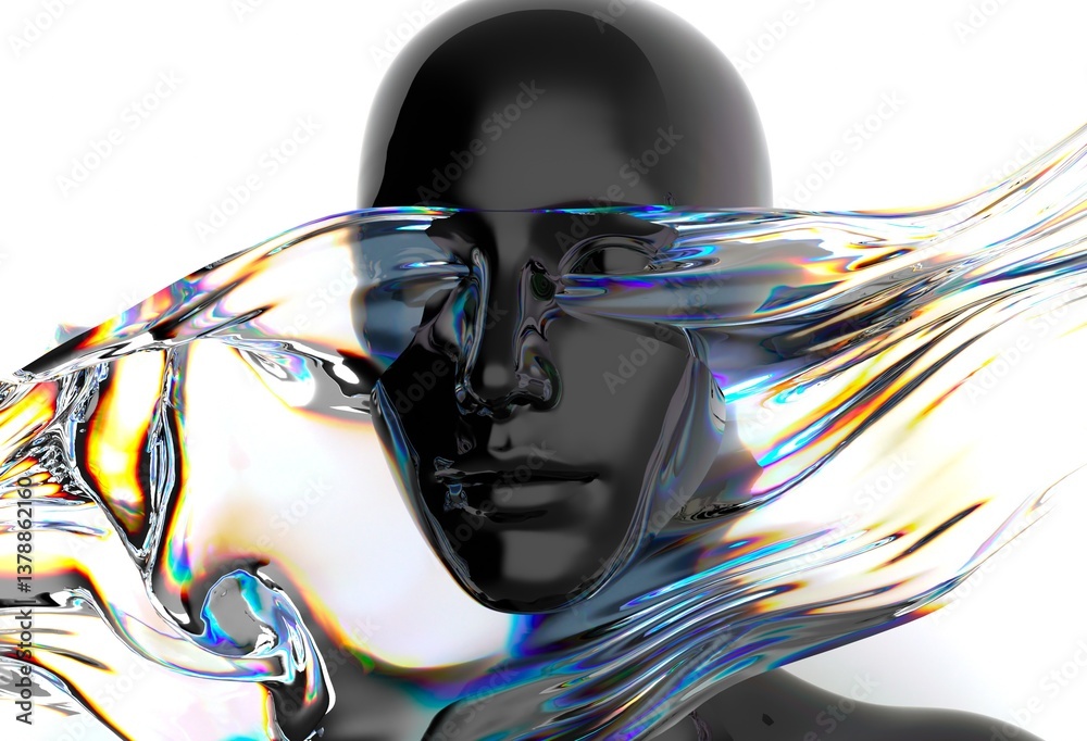 Aufkleber Futuristic 3D rendering of a black humanoid face intertwined with iridescent, fluid-like shapes, creating a dynamic visual contrast and a sense of movement and modernity.