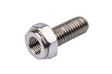 Steel hex bolt on black background highlighting metal threads and hexagonal head, cut out