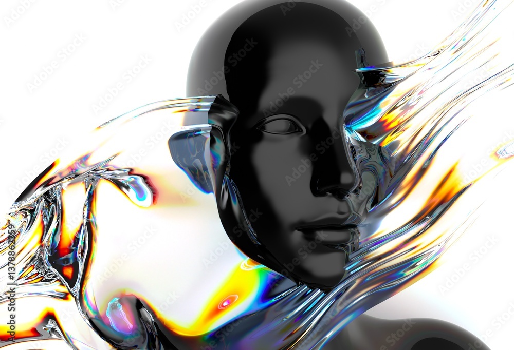 Poster Futuristic 3D rendering of a humanoid face intertwined with iridescent, fluid-like shapes, creating a dynamic visual contrast and a sense of movement and modernity.