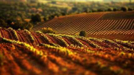 Vineyard landscape with rolling hills at sunset