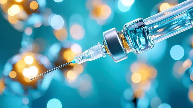 Closeup syringe filling with liquid against vibrant blue bokeh background