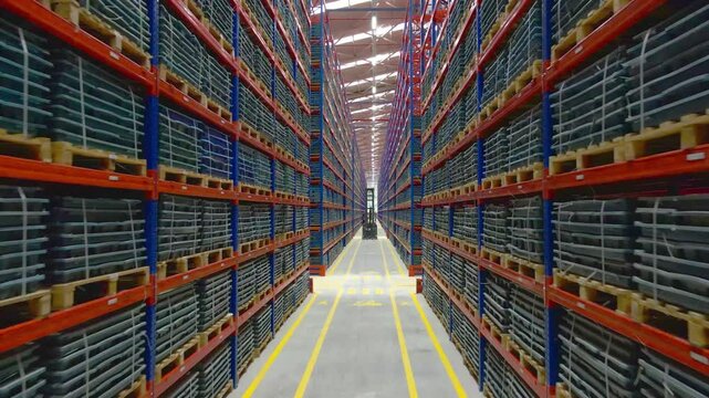 Drone in a large warehouse moving upwards between shelves