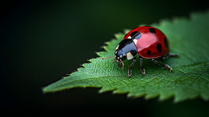 Fototapeta premium A close-up shot of a ladybug crawling along a green leaf, its red shell and black spots highlighted against the rich texture of the leaf surface.