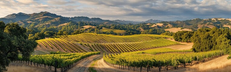 Rolling vineyards under a cloudy sky at sunset