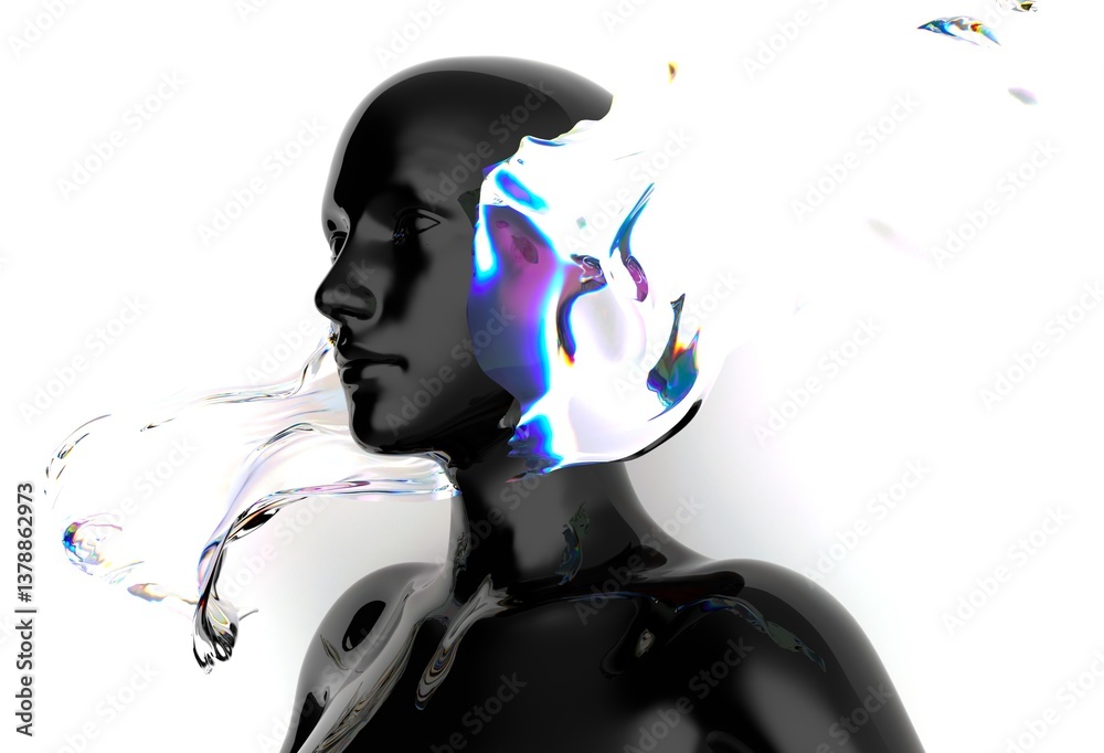 Aufkleber Futuristic 3D rendering of a black humanoid face intertwined with iridescent, fluid-like shapes, creating a dynamic visual contrast and a sense of movement and modernity.