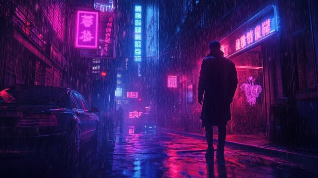Nighttime alley in a neon-lit city with vibrant signs and a mysterious figure standing in the rain
