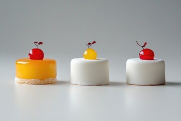 Three beautifully designed desserts topped with cherries are displayed elegantly, showcasing a harmonious blend of colors and textures, ideal for gourmet dessert promotions.