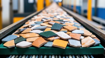 Mosaic Tile Cutting Concept, Conveyor Belt Carrying Thousands of Tiny Mosaic Tiles in Industrial Setting