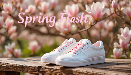 White sneakers, fresh atmosphere, on wooden bench, blooming magnolia branches, "Spring Flash Sale" soft pink text, copy space