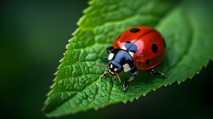 Fototapeta premium A close-up shot of a ladybug on a vibrant green leaf, its black spots clearly visible as it rests peacefully in nature.