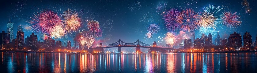 Fototapeta premium Mesmerizing fireworks display over a historic skyline and bridge
