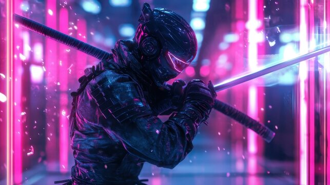 Ninja warrior prepares for battle in a neon-lit cityscape at night, showcasing precise combat skills and stealth