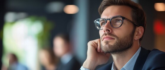A pensive man gazes upward, deep in thought, against a blurred background of an office setting.