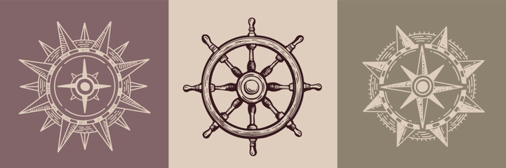 Compass Wind rose on white, Ship wheel, hand drawn Illustration.