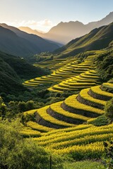 Fototapeta premium Golden terraces in a lush valley at sunset