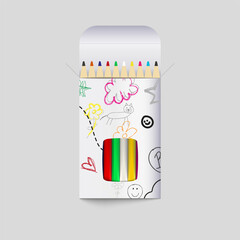 Realistic box of colored pencils icon set closeup