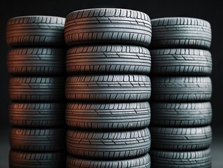 Obraz premium Stacked tires in a workshop automotive industry close-up shot professional environment detailed perspective