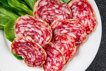 Dry-cured sausage salami appetizer dish fresh gourmet food background on the table rustic food top view copy space