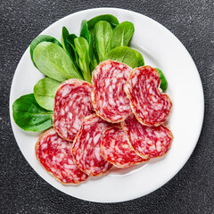 Dry-cured sausage salami appetizer dish fresh gourmet food background on the table rustic food top...