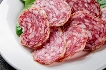 Dry-cured sausage salami appetizer dish fresh gourmet food background on the table rustic food top view copy space