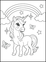 Bold and Easy Printable Unicorn Coloring Page for Kids. Cute, Hand-Drawn, Black and White Coloring Sheet with Cartoon Characters and Simple Doodles