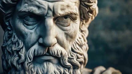 Detailed close-up of an ancient statue depicting a thoughtful figure in a historical setting
