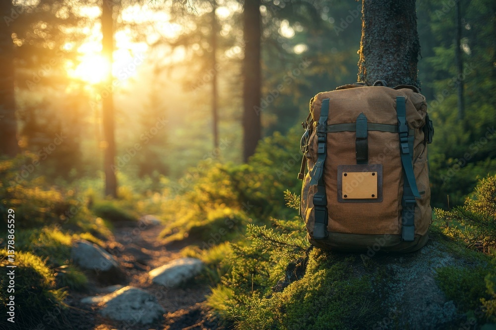 Poster A warm glow from the rising sun illuminates a backpack resting against a tree, surrounded by lush greenery on a tranquil forest trail during morning hours Generative AI