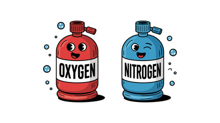 Oxygen and Nitrogen Tanks: Playful illustration showcasing oxygen and nitrogen tanks, emphasizing science and chemical concepts.